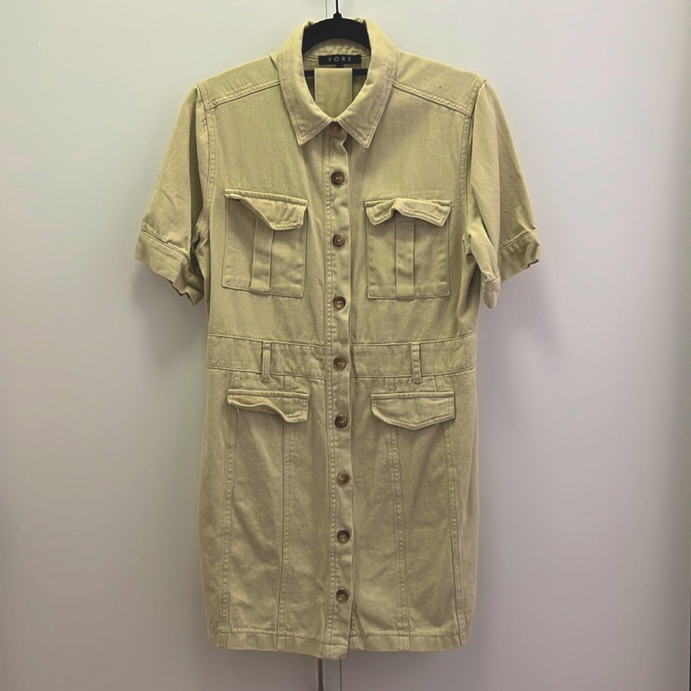 Fore Women’s Beige Short-Sleeve Belted Cargo Mini Dress Size M